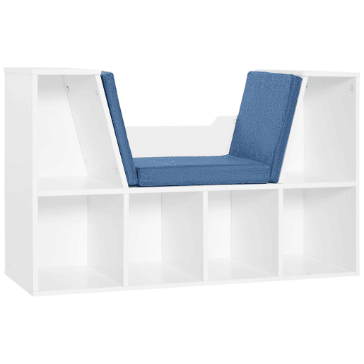 HOMCOM Estante para Livros com Banco Integrado e 6 Cubos Estante Infantil com Assento 102x30x61 cm Branco e Azul