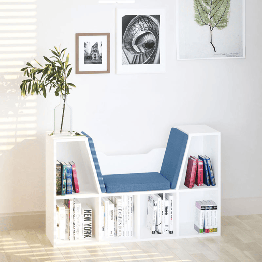 HOMCOM Estante para Livros com Banco Integrado e 6 Cubos Estante Infantil com Assento 102x30x61 cm Branco e Azul