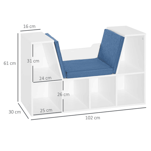 HOMCOM Estante para Livros com Banco Integrado e 6 Cubos Estante Infantil com Assento 102x30x61 cm Branco e Azul