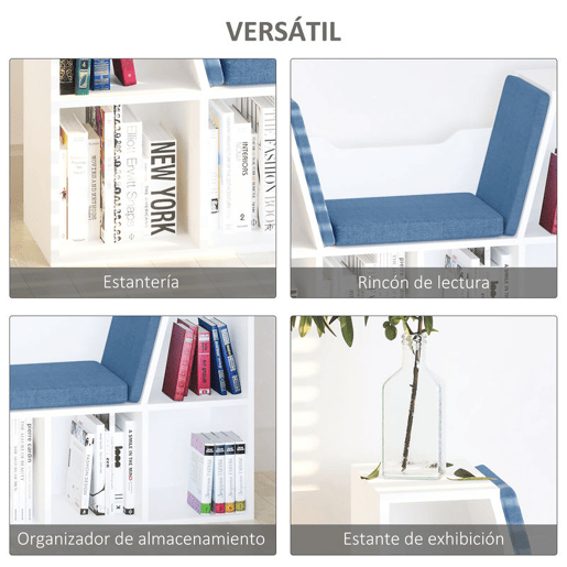 HOMCOM Estante para Livros com Banco Integrado e 6 Cubos Estante Infantil com Assento 102x30x61 cm Branco e Azul