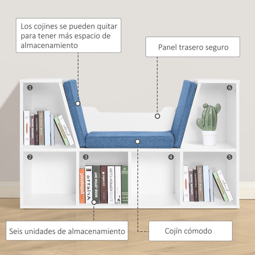 HOMCOM Estante para Livros com Banco Integrado e 6 Cubos Estante Infantil com Assento 102x30x61 cm Branco e Azul