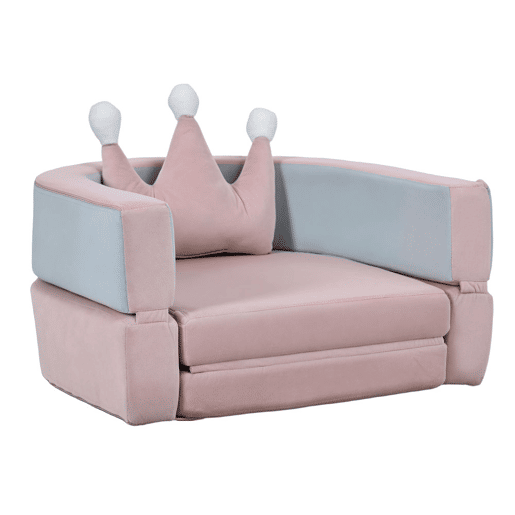 AIYAPLAY Sofá Infantil Convertível Sofá para Crianças com Almofada em Forma de Coroa Dobrável em Cama e Zona de Brincadeiras Estofado em Veludo Suave para Crianças dos 18 aos 36 Meses Rosa e Azul Acinzentado