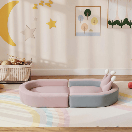 AIYAPLAY Sofá Infantil Convertível Sofá para Crianças com Almofada em Forma de Coroa Dobrável em Cama e Zona de Brincadeiras Estofado em Veludo Suave para Crianças dos 18 aos 36 Meses Rosa e Azul Acinzentado
