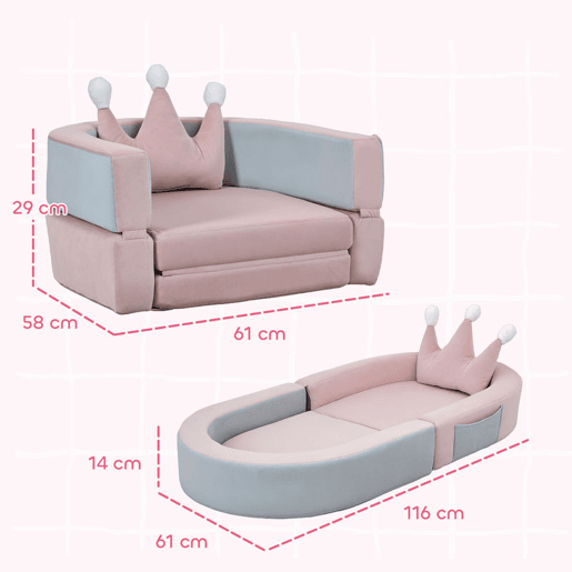 AIYAPLAY Sofá Infantil Convertível Sofá para Crianças com Almofada em Forma de Coroa Dobrável em Cama e Zona de Brincadeiras Estofado em Veludo Suave para Crianças dos 18 aos 36 Meses Rosa e Azul Acinzentado