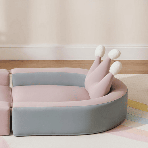 AIYAPLAY Sofá Infantil Convertível Sofá para Crianças com Almofada em Forma de Coroa Dobrável em Cama e Zona de Brincadeiras Estofado em Veludo Suave para Crianças dos 18 aos 36 Meses Rosa e Azul Acinzentado