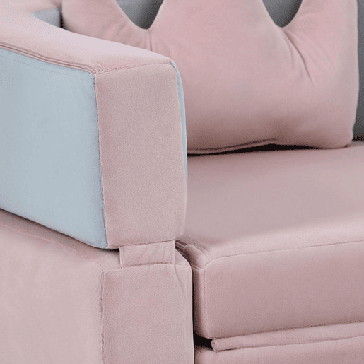 AIYAPLAY Sofá Infantil Convertível Sofá para Crianças com Almofada em Forma de Coroa Dobrável em Cama e Zona de Brincadeiras Estofado em Veludo Suave para Crianças dos 18 aos 36 Meses Rosa e Azul Acinzentado