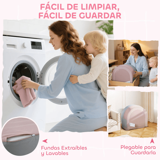 AIYAPLAY Sofá Infantil Convertível Sofá para Crianças com Almofada em Forma de Coroa Dobrável em Cama e Zona de Brincadeiras Estofado em Veludo Suave para Crianças dos 18 aos 36 Meses Rosa e Azul Acinzentado