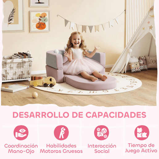AIYAPLAY Sofá Infantil Convertível Sofá para Crianças com Almofada em Forma de Coroa Dobrável em Cama e Zona de Brincadeiras Estofado em Veludo Suave para Crianças dos 18 aos 36 Meses Rosa e Azul Acinzentado