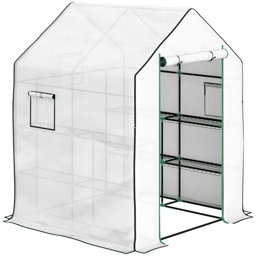 Outsunny Estufa de Jardim Pequena de 3 Níveis com 6 Prateleiras Porta Enrolável Capa de PE e Estrutura de Aço para Cultivo de Plantas e Flores 140x143x190 cm Branco