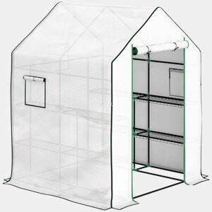 Outsunny Estufa de Jardim Pequena de 3 Níveis com 6 Prateleiras Porta Enrolável Capa de PE e Estrutura de Aço para Cultivo de Plantas e Flores 140x143x190 cm Branco