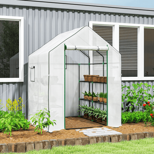 Outsunny Estufa de Jardim Pequena de 3 Níveis com 6 Prateleiras Porta Enrolável Capa de PE e Estrutura de Aço para Cultivo de Plantas e Flores 140x143x190 cm Branco