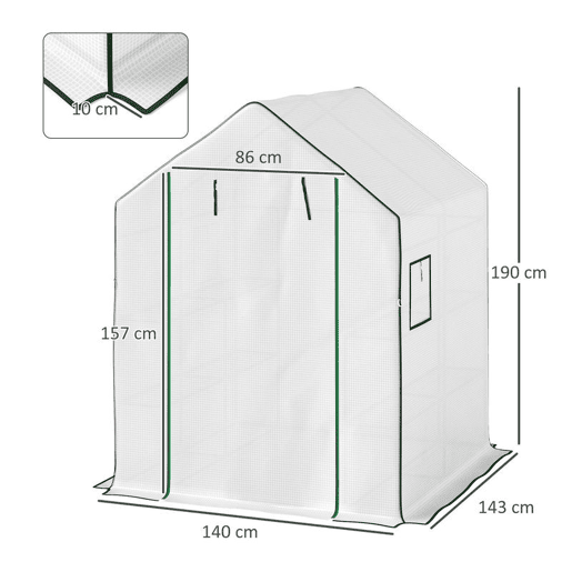 Outsunny Estufa de Jardim Pequena de 3 Níveis com 6 Prateleiras Porta Enrolável Capa de PE e Estrutura de Aço para Cultivo de Plantas e Flores 140x143x190 cm Branco