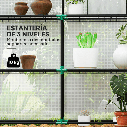 Outsunny Estufa de Jardim Pequena de 3 Níveis com 6 Prateleiras Porta Enrolável Capa de PE e Estrutura de Aço para Cultivo de Plantas e Flores 140x143x190 cm Branco