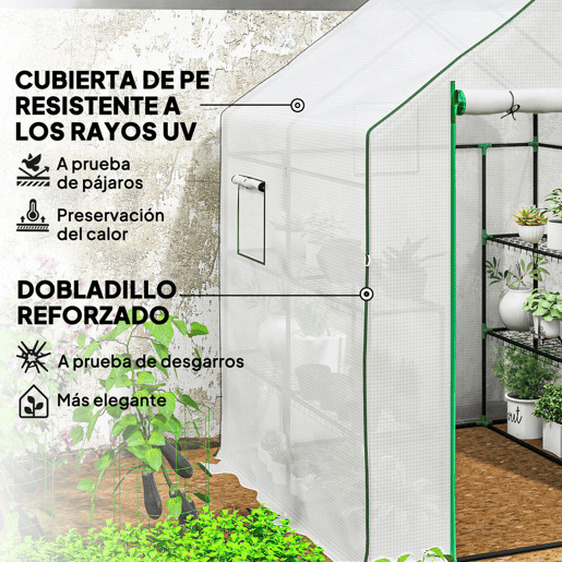 Outsunny Estufa de Jardim Pequena de 3 Níveis com 6 Prateleiras Porta Enrolável Capa de PE e Estrutura de Aço para Cultivo de Plantas e Flores 140x143x190 cm Branco