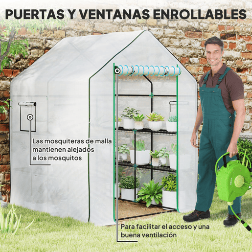 Outsunny Estufa de Jardim Pequena de 3 Níveis com 6 Prateleiras Porta Enrolável Capa de PE e Estrutura de Aço para Cultivo de Plantas e Flores 140x143x190 cm Branco