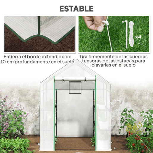 Outsunny Estufa de Jardim Pequena de 3 Níveis com 6 Prateleiras Porta Enrolável Capa de PE e Estrutura de Aço para Cultivo de Plantas e Flores 140x143x190 cm Branco
