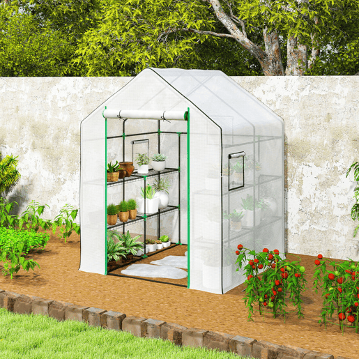 Outsunny Estufa de Jardim Pequena de 3 Níveis com 6 Prateleiras Porta Enrolável Capa de PE e Estrutura de Aço para Cultivo de Plantas e Flores 140x143x190 cm Branco