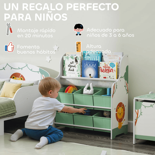 AIYAPLAY Estante Infantil para Brinquedos com 6 Caixas de Tecido Não Tecido Organizador de Brinquedos com 2 Prateleiras para Quarto Infantil Sala de Brincar Escola Infantil 63x30x71 cm Verde