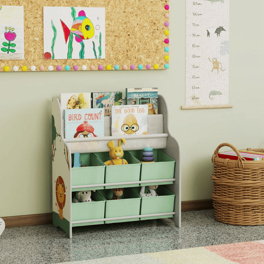 AIYAPLAY Estante Infantil para Brinquedos com 6 Caixas de Tecido Não Tecido Organizador de Brinquedos com 2 Prateleiras para Quarto Infantil Sala de Brincar Escola Infantil 63x30x71 cm Verde
