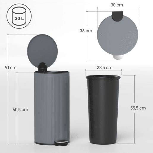 HOMCOM Balde do Lixo para Cozinha com Pedal 30L Cubo de Lixo Metálico com Tampa de Fecho Suave e Balde Removível para Quarto Escritório Estúdio e Sala 36x30x60,5 cm Cinza Escuro