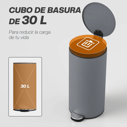 HOMCOM Balde do Lixo para Cozinha com Pedal 30L Cubo de Lixo Metálico com Tampa de Fecho Suave e Balde Removível para Quarto Escritório Estúdio e Sala 36x30x60,5 cm Cinza Escuro