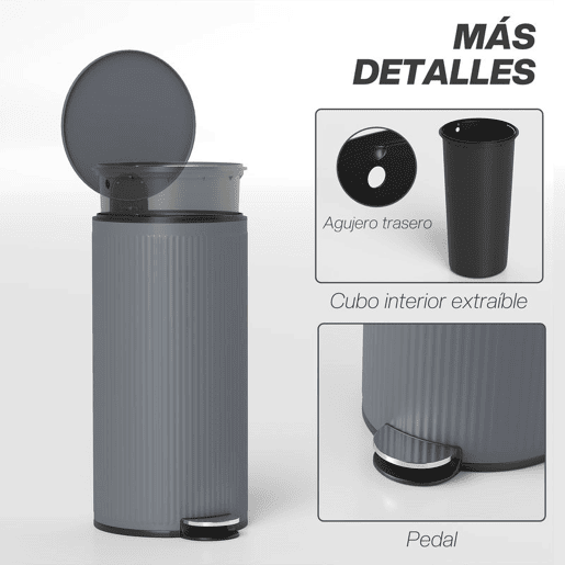 HOMCOM Balde do Lixo para Cozinha com Pedal 30L Cubo de Lixo Metálico com Tampa de Fecho Suave e Balde Removível para Quarto Escritório Estúdio e Sala 36x30x60,5 cm Cinza Escuro