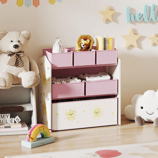 AIYAPLAY Estante Infantil para Brinquedos com 6 Caixas em Tecido Não Tecido Organizador de Brinquedos de 3 Níveis para Quarto Infantil Sala de Jogos Escola Infantil 63x30x66 cm Rosa
