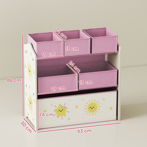 AIYAPLAY Estante Infantil para Brinquedos com 6 Caixas em Tecido Não Tecido Organizador de Brinquedos de 3 Níveis para Quarto Infantil Sala de Jogos Escola Infantil 63x30x66 cm Rosa