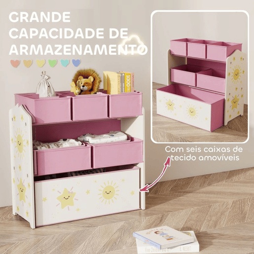 AIYAPLAY Estante Infantil para Brinquedos com 6 Caixas em Tecido Não Tecido Organizador de Brinquedos de 3 Níveis para Quarto Infantil Sala de Jogos Escola Infantil 63x30x66 cm Rosa
