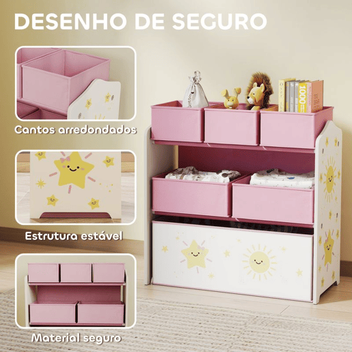 AIYAPLAY Estante Infantil para Brinquedos com 6 Caixas em Tecido Não Tecido Organizador de Brinquedos de 3 Níveis para Quarto Infantil Sala de Jogos Escola Infantil 63x30x66 cm Rosa