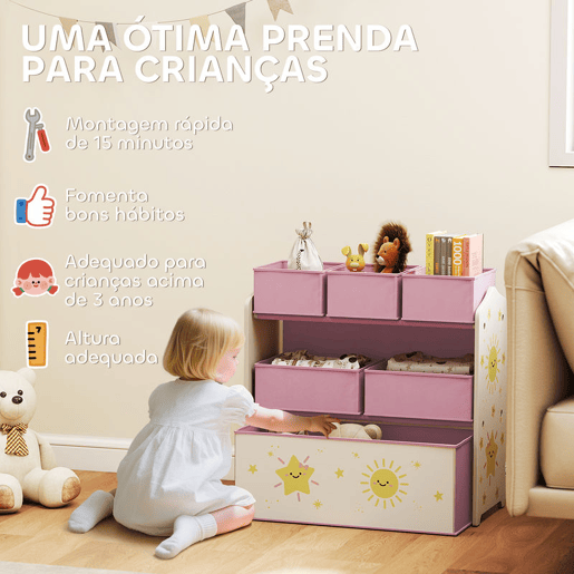 AIYAPLAY Estante Infantil para Brinquedos com 6 Caixas em Tecido Não Tecido Organizador de Brinquedos de 3 Níveis para Quarto Infantil Sala de Jogos Escola Infantil 63x30x66 cm Rosa