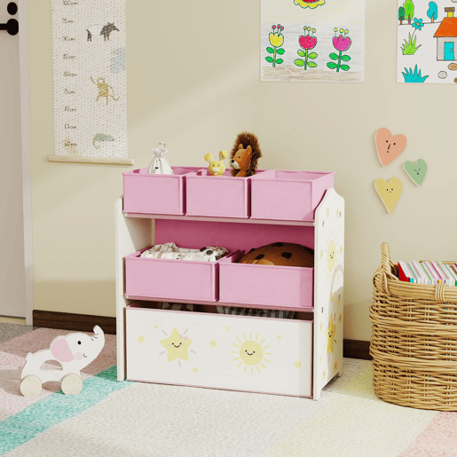 AIYAPLAY Estante Infantil para Brinquedos com 6 Caixas em Tecido Não Tecido Organizador de Brinquedos de 3 Níveis para Quarto Infantil Sala de Jogos Escola Infantil 63x30x66 cm Rosa