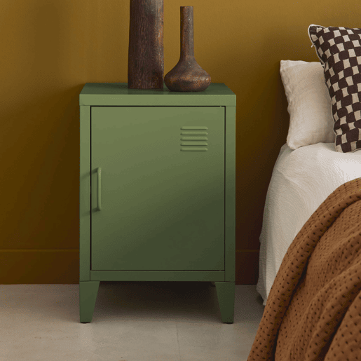 Mesa de cabeceira industrial 1 porta, Soho, Verde caqui, 38x38x57 cm