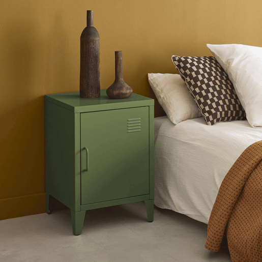 Mesa de cabeceira industrial 1 porta, Soho, Verde caqui, 38x38x57 cm