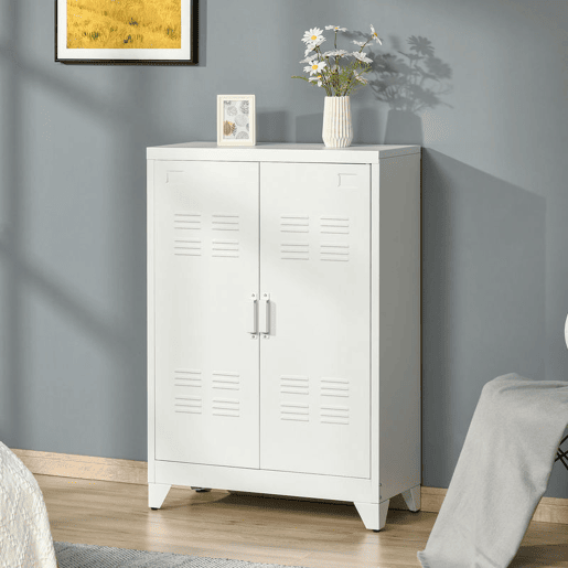 HOMCOM Armário de Metal de Armazenamento com Dupla Porta 2 Prateleiras com Altura Ajustável Armário Multiúso para Escritório Dormitório Garagem 75x33x110 cm Branco