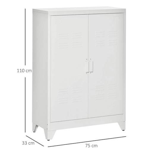 HOMCOM Armário de Metal de Armazenamento com Dupla Porta 2 Prateleiras com Altura Ajustável Armário Multiúso para Escritório Dormitório Garagem 75x33x110 cm Branco
