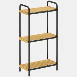 HOMCOM Estante de Casa de Banho de Bambu de 3 Níveis Estante de Armazenamento com 3 Prateleiras Abertas Desenho de Ripas e Estrutura de Aço para Cozinha Casa de Banho 41,5x21,5x77,5 cm Madeira e Preto