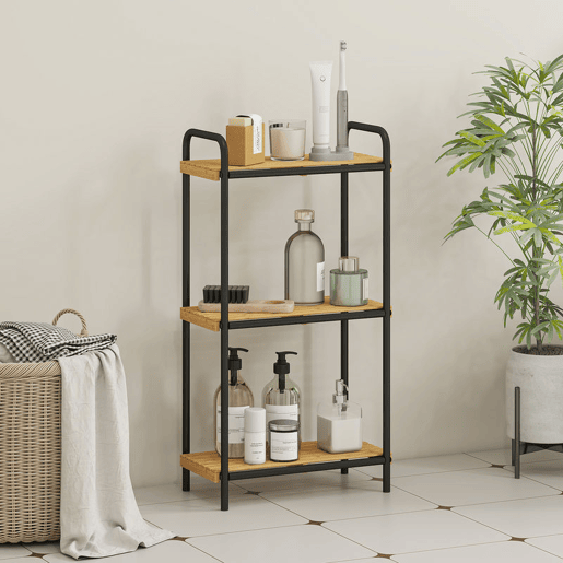 HOMCOM Estante de Casa de Banho de Bambu de 3 Níveis Estante de Armazenamento com 3 Prateleiras Abertas Desenho de Ripas e Estrutura de Aço para Cozinha Casa de Banho 41,5x21,5x77,5 cm Madeira e Preto