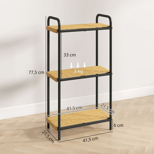 HOMCOM Estante de Casa de Banho de Bambu de 3 Níveis Estante de Armazenamento com 3 Prateleiras Abertas Desenho de Ripas e Estrutura de Aço para Cozinha Casa de Banho 41,5x21,5x77,5 cm Madeira e Preto