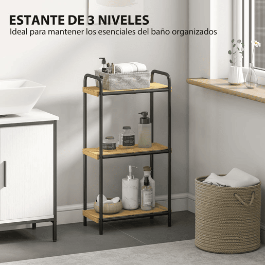 HOMCOM Estante de Casa de Banho de Bambu de 3 Níveis Estante de Armazenamento com 3 Prateleiras Abertas Desenho de Ripas e Estrutura de Aço para Cozinha Casa de Banho 41,5x21,5x77,5 cm Madeira e Preto