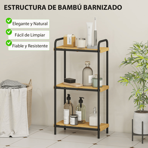 HOMCOM Estante de Casa de Banho de Bambu de 3 Níveis Estante de Armazenamento com 3 Prateleiras Abertas Desenho de Ripas e Estrutura de Aço para Cozinha Casa de Banho 41,5x21,5x77,5 cm Madeira e Preto
