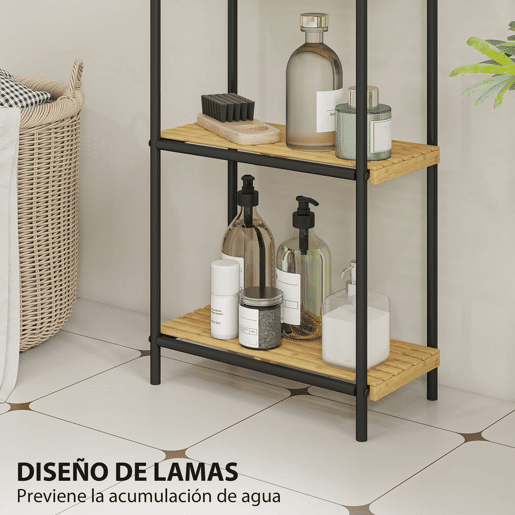 HOMCOM Estante de Casa de Banho de Bambu de 3 Níveis Estante de Armazenamento com 3 Prateleiras Abertas Desenho de Ripas e Estrutura de Aço para Cozinha Casa de Banho 41,5x21,5x77,5 cm Madeira e Preto