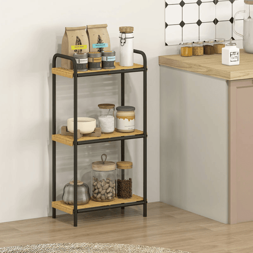 HOMCOM Estante de Casa de Banho de Bambu de 3 Níveis Estante de Armazenamento com 3 Prateleiras Abertas Desenho de Ripas e Estrutura de Aço para Cozinha Casa de Banho 41,5x21,5x77,5 cm Madeira e Preto