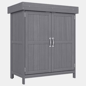 Outsunny Armário de Jardim de Madeira 74x43x88 cm Armário de Exterior para Armazenamento de Ferramentas e Lenhas com 2 Portas e Teto Asfaltico Cinza