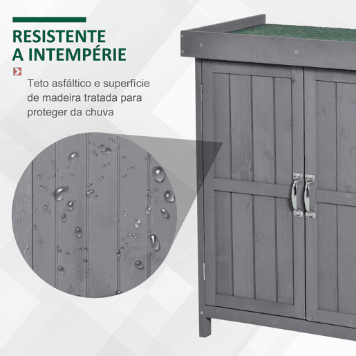 Outsunny Armário de Jardim de Madeira 74x43x88 cm Armário de Exterior para Armazenamento de Ferramentas e Lenhas com 2 Portas e Teto Asfaltico Cinza