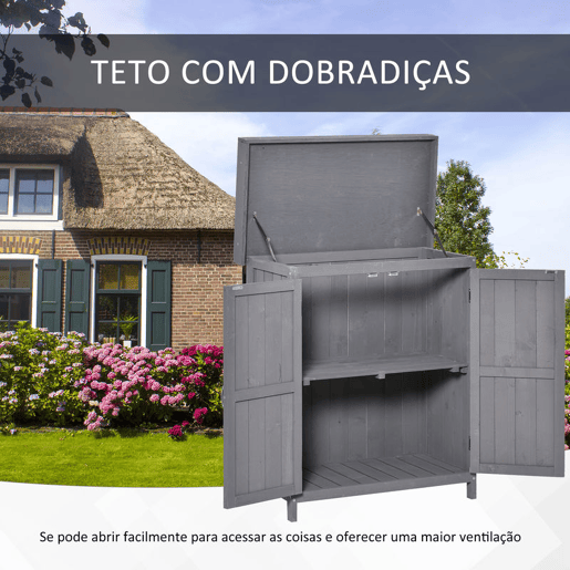 Outsunny Armário de Jardim de Madeira 74x43x88 cm Armário de Exterior para Armazenamento de Ferramentas e Lenhas com 2 Portas e Teto Asfaltico Cinza