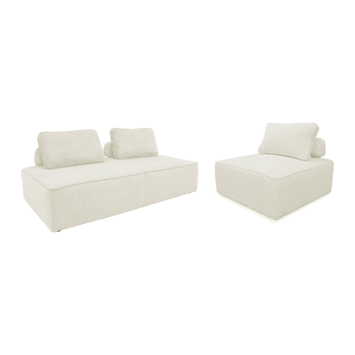 Sofá modular em tecido veludo canelado de 3 lugares, Lao, Creme, 180x90x78 cm