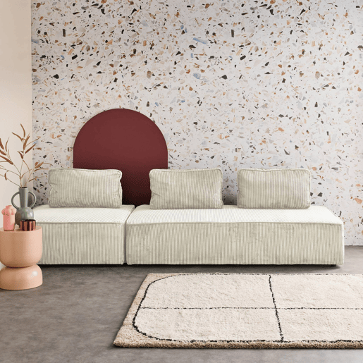 Sofá modular em tecido veludo canelado de 3 lugares, Lao, Creme, 180x90x78 cm