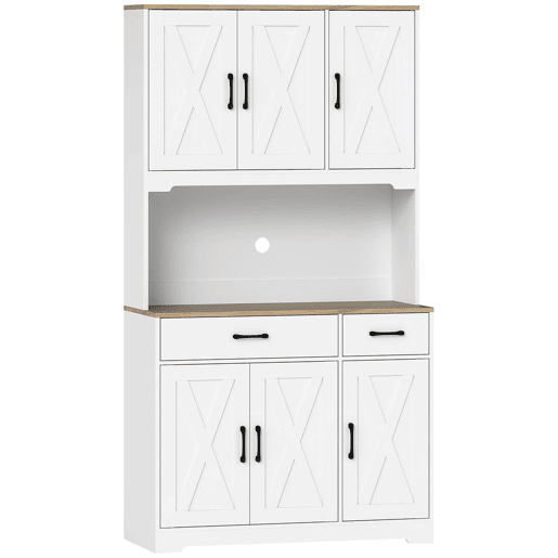 HOMCOM Armário de Cozinha Alto Móvel Auxiliar de Cozinha com 6 Portas Bancada Aberta para Micro-Ondas 2 Gavetas Prateleiras Ajustáveis Orifício para Cabo 94x39,5x175,2 cm Branco