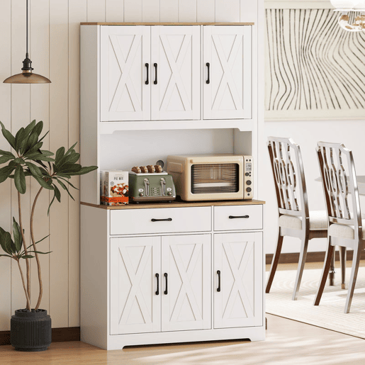 HOMCOM Armário de Cozinha Alto Móvel Auxiliar de Cozinha com 6 Portas Bancada Aberta para Micro-Ondas 2 Gavetas Prateleiras Ajustáveis Orifício para Cabo 94x39,5x175,2 cm Branco